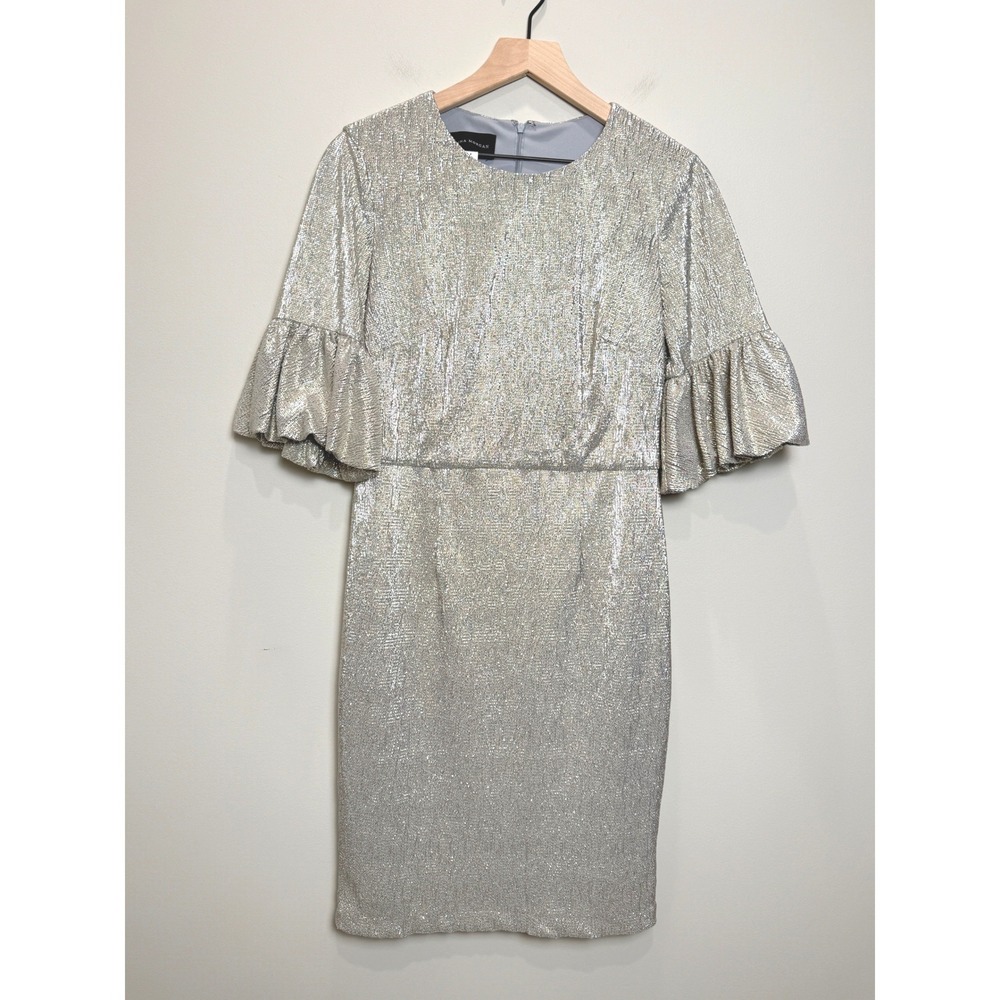 NWT Donna‎ Morgan 8 Sheath Dress Gold Metallic Bell Sleeve Cocktail Party Midi